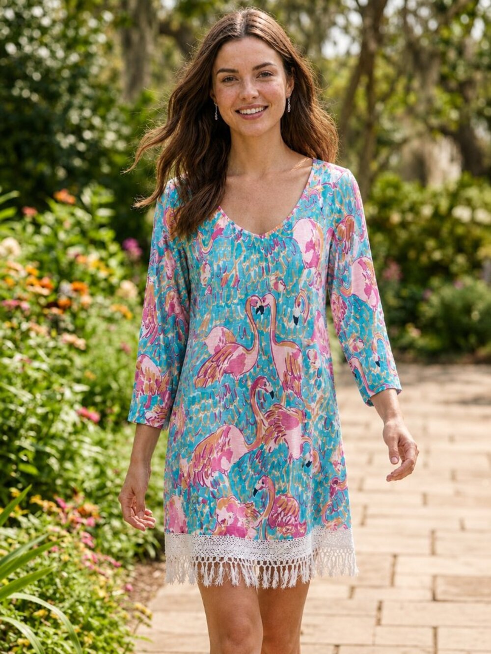 Lilly Pulitzer Shift Mini Dress Flamingo Print Crochet Fringe Sz S Swim Cover Up